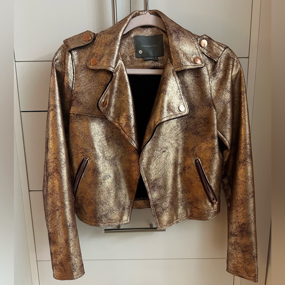 Anthropologie Brisa Metallic Cropped Faux Leather Moto Jacket